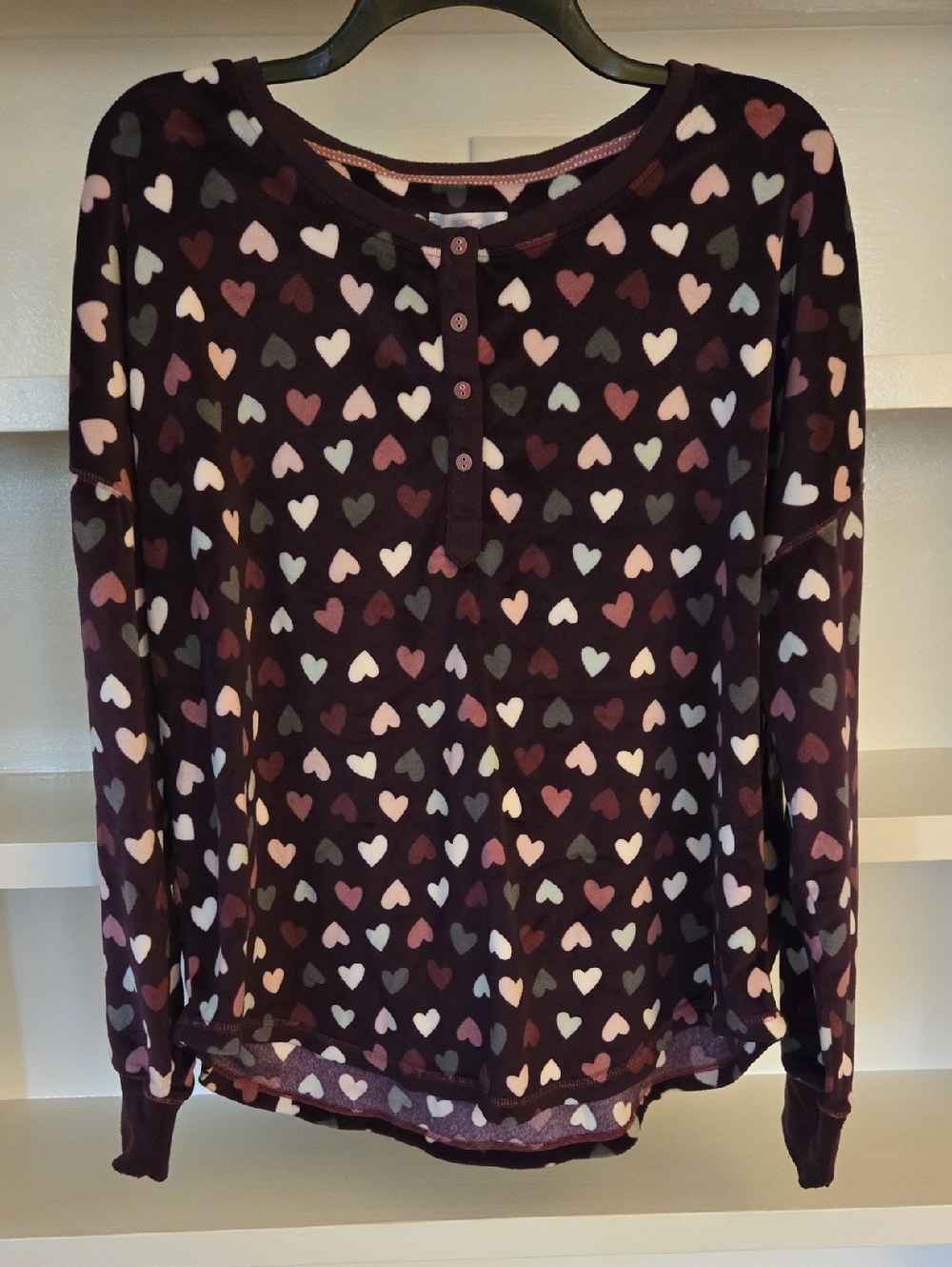 Secret Treasures Plum Henley Pajama Top with Pastel Heart Print